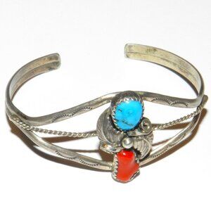 Vintage Navajo Sterling Silver Turquoise & Coral Cuff Bracelet, James Mason